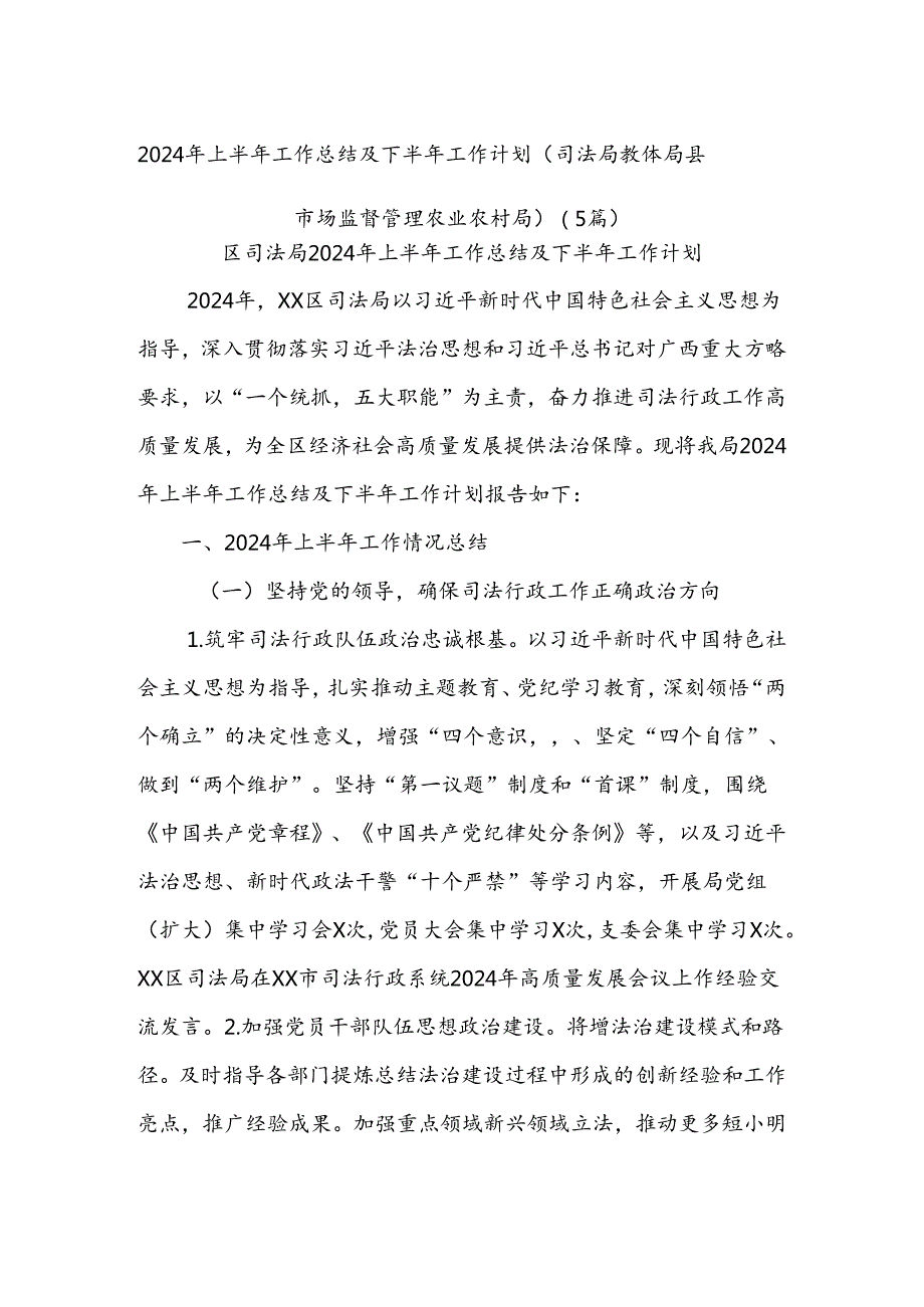 (5篇)2024年上半年工作总结及下半年工作计划（司法局教体局县市场监督管理农业农村局）.docx_第1页