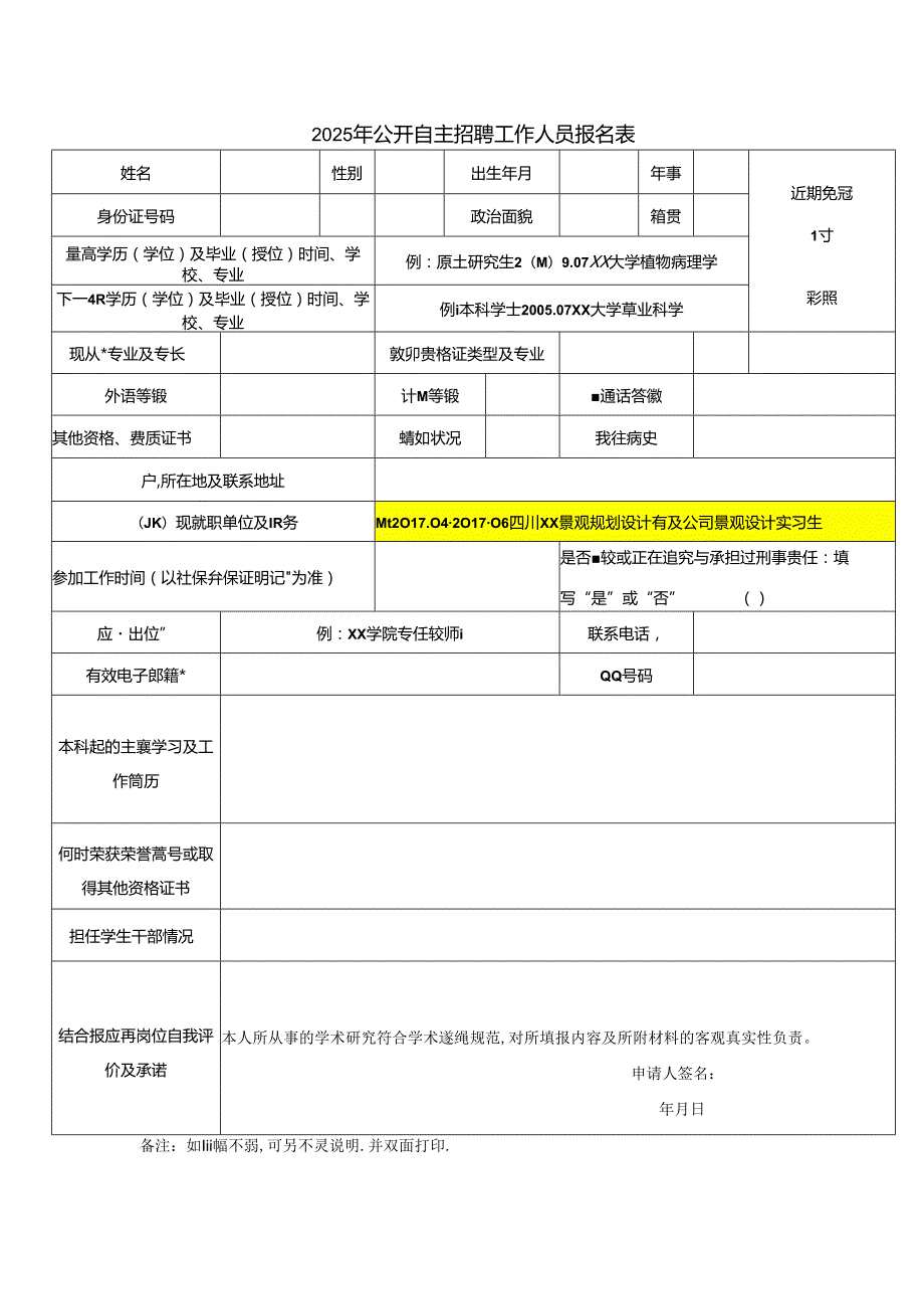 2025年公开自主招聘工作人员报名表.docx_第1页