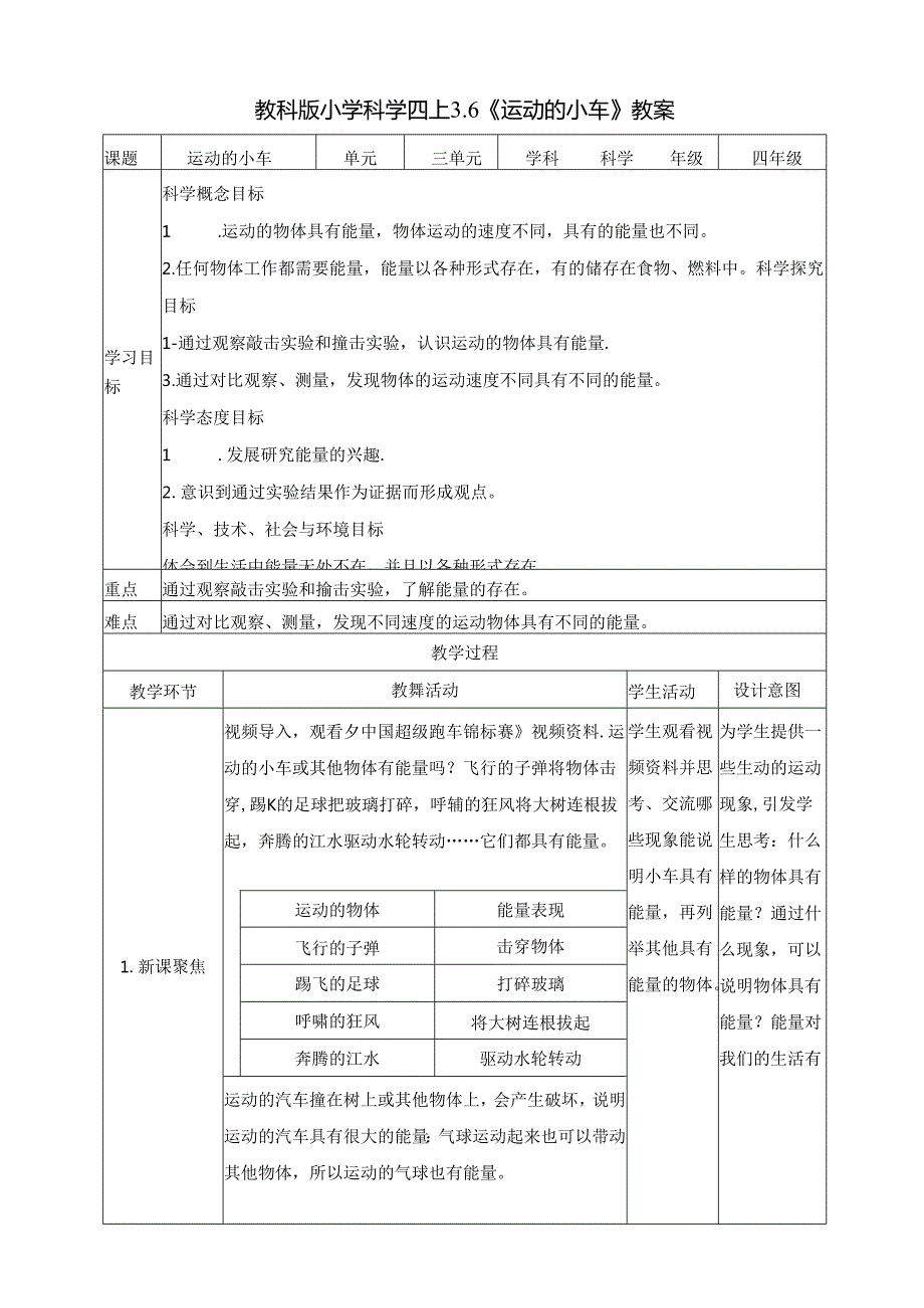 3.6《运动的小车》教案 教科版科学四年级上册.docx_第1页