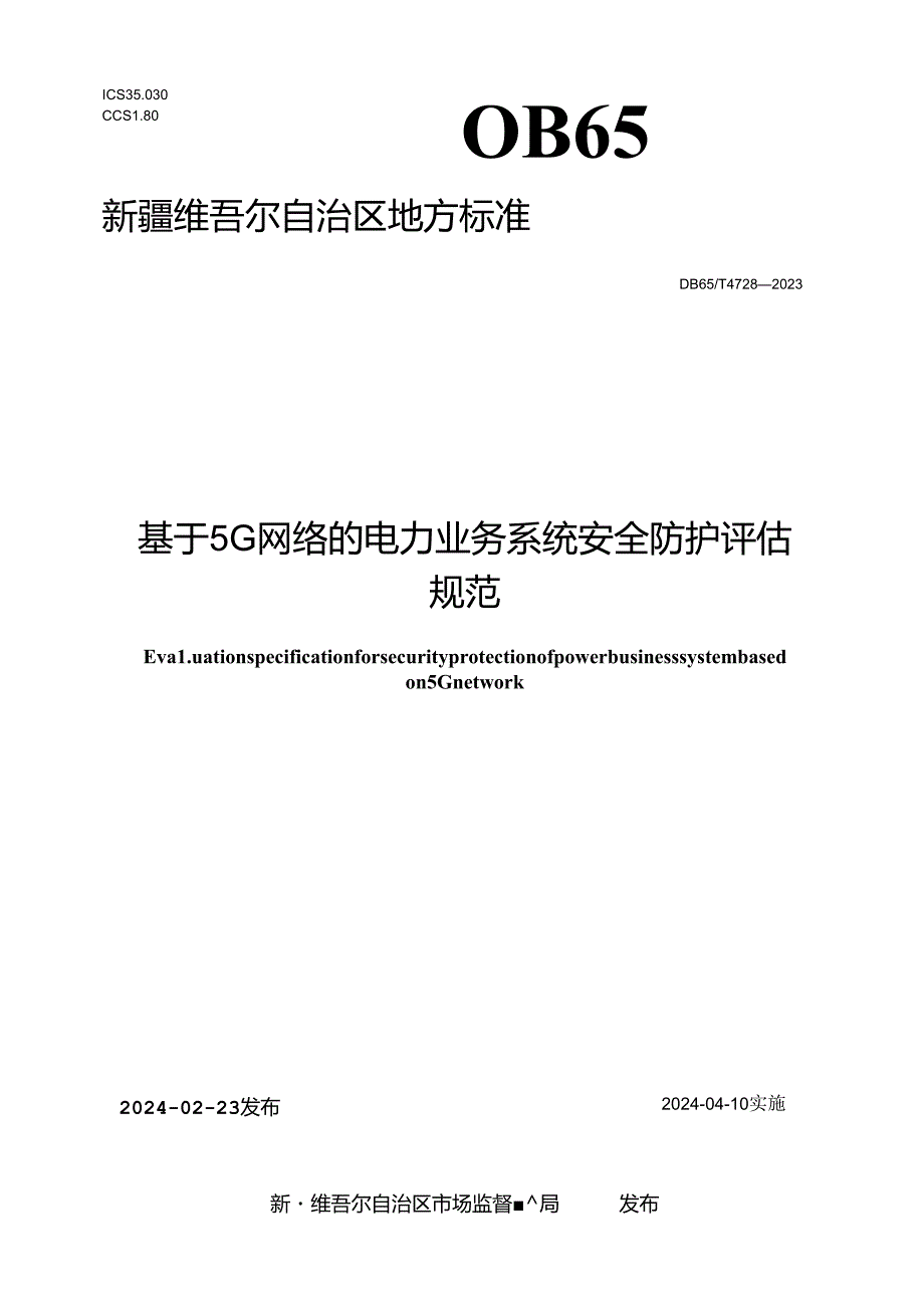 DB65_T 4728-2023 基于5G网络的电力业务系统安全防护评估规范.docx_第1页