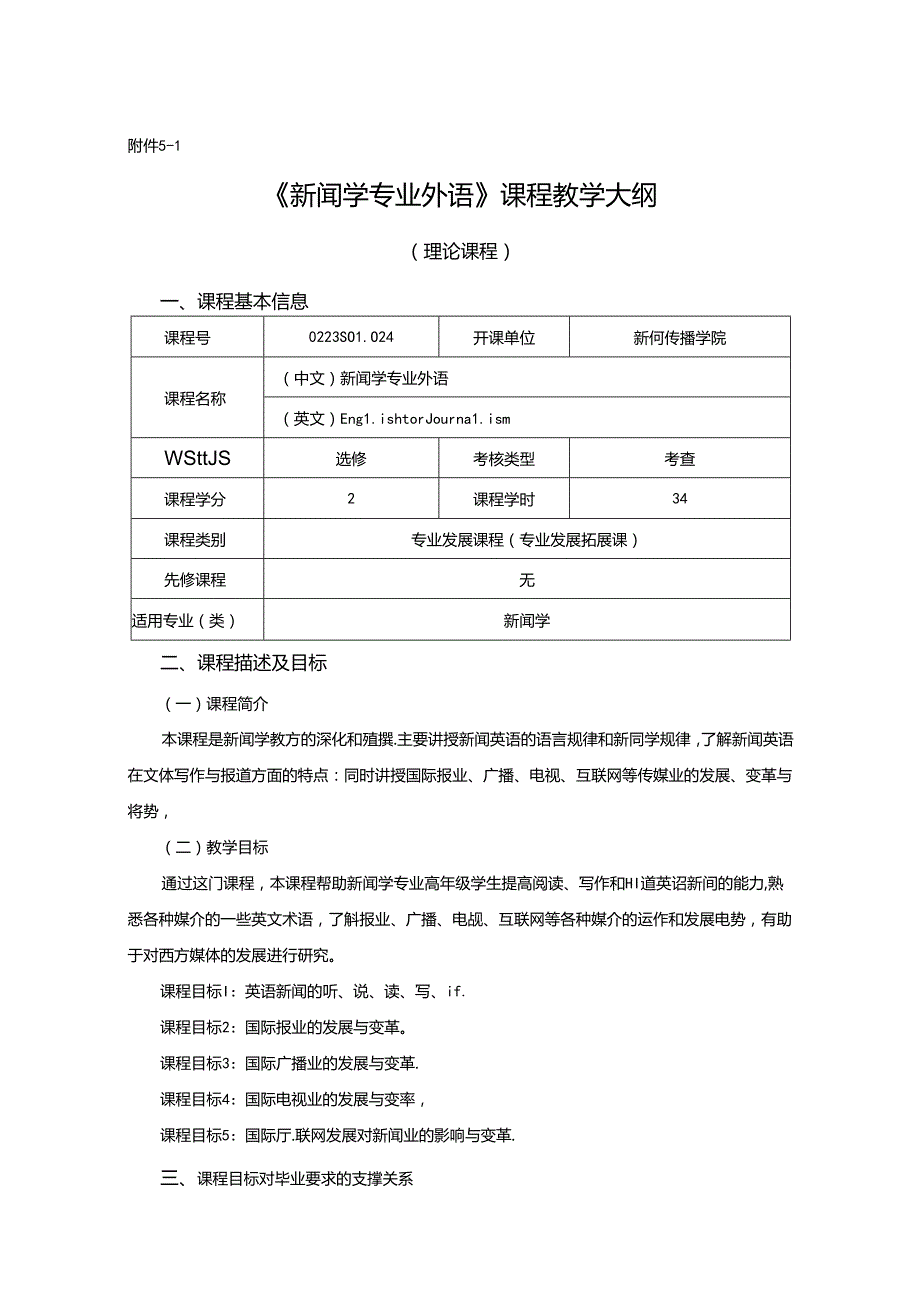 0223S01024-新闻学专业外语-2023版人才培养方案课程教学大纲.docx_第1页