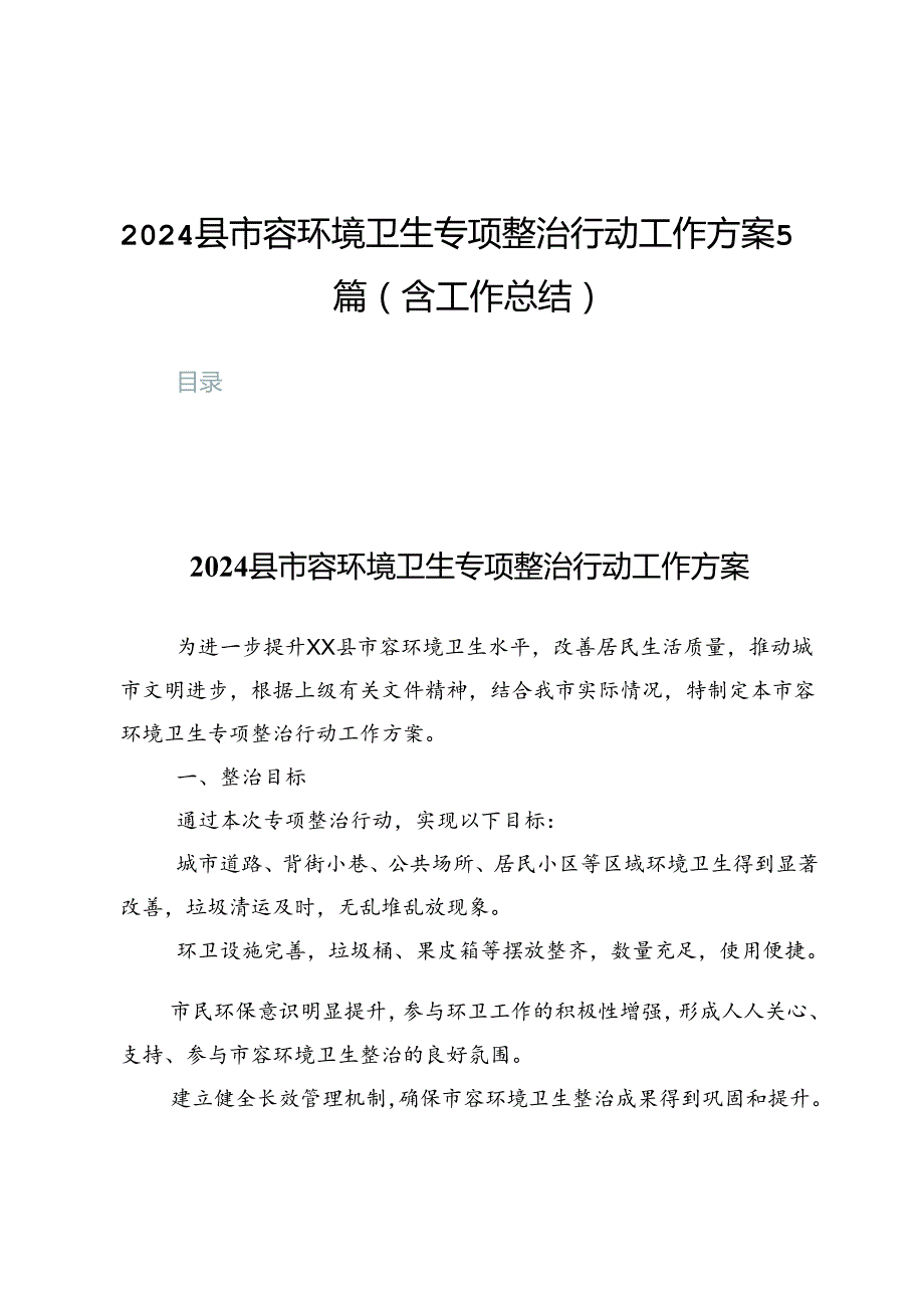 2024县市容环境卫生专项整治行动工作方案5篇（含工作总结）.docx_第1页