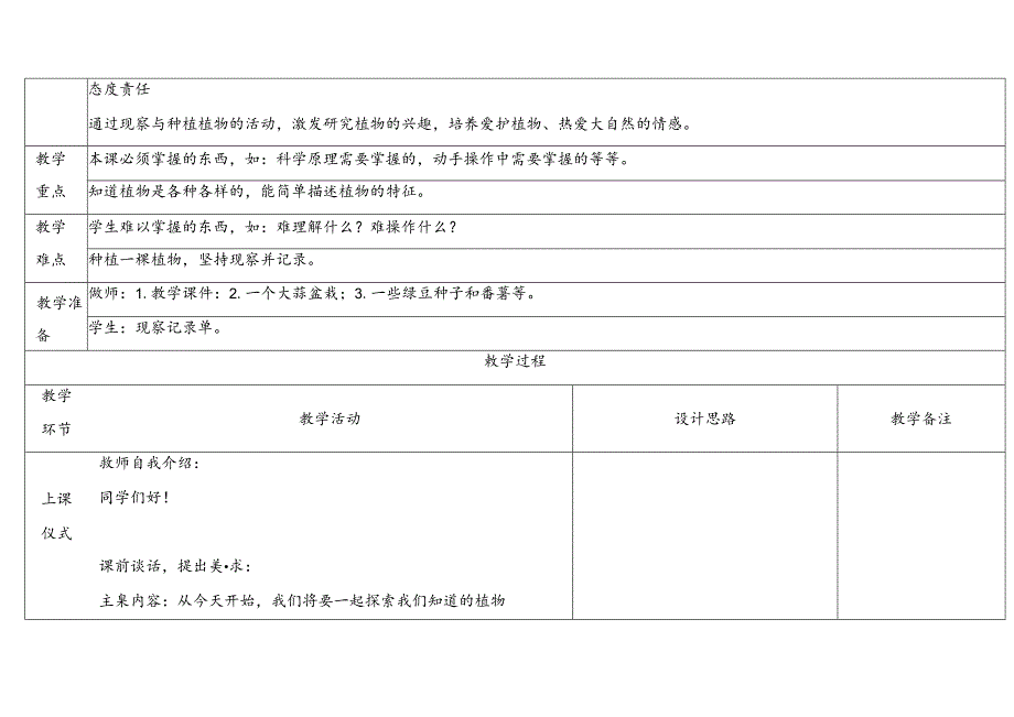 1.1《我们知道的植物》表格式教学设计 2024一年级上册科学教科版.docx_第2页