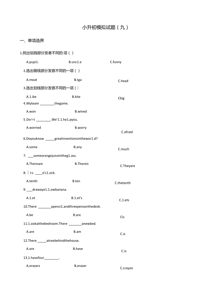 2024小升初模拟试题（九）5页（含答案）.docx_第1页