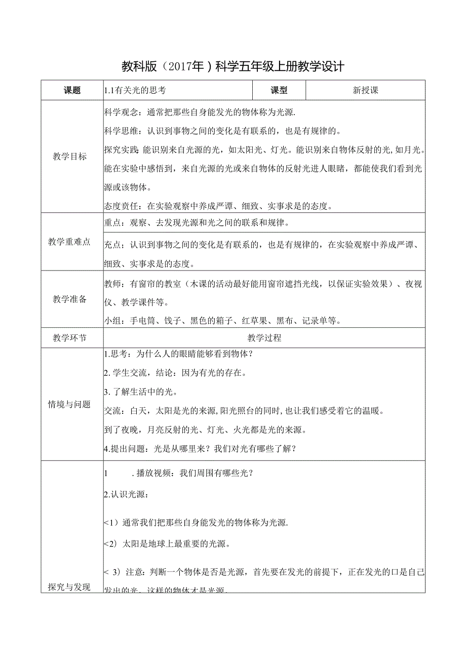 1.1 有关光的思考（教学设计）五年级科学上册（教科版）.docx_第1页