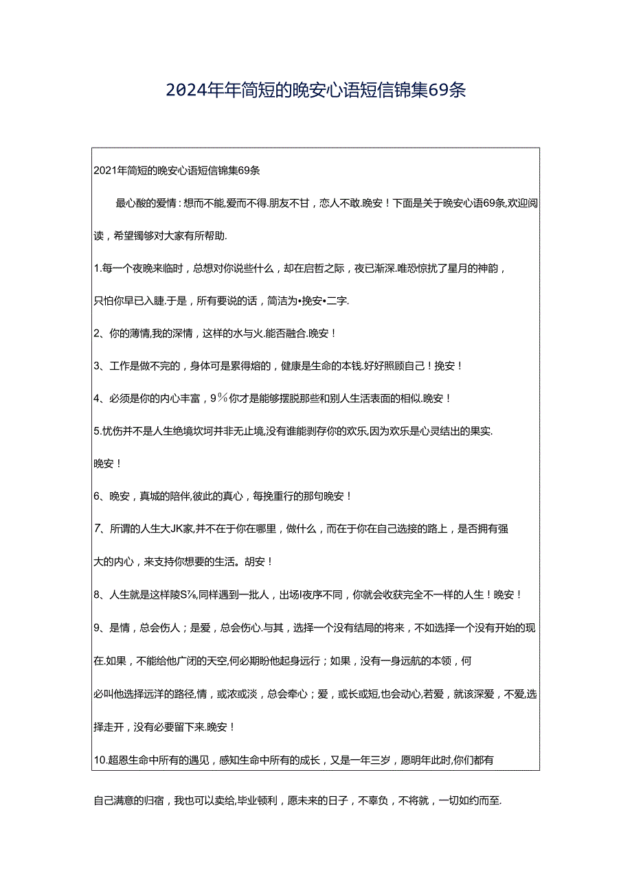 2024年年简短的晚安心语短信锦集69条.docx_第1页