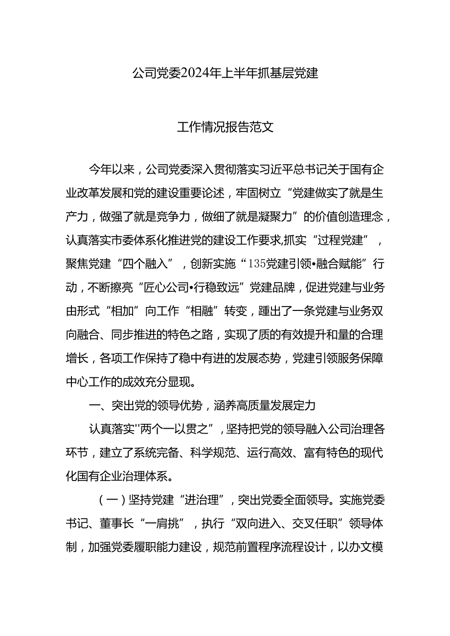 公司党委2024年上半年抓基层党建工作情况报告范文.docx_第1页