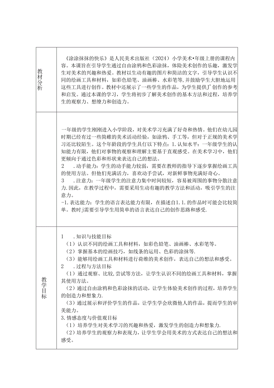 《3 涂涂抹抹的快乐》教学设计2024-2025学年小学美术一年级上册人美版（2024）.docx_第1页