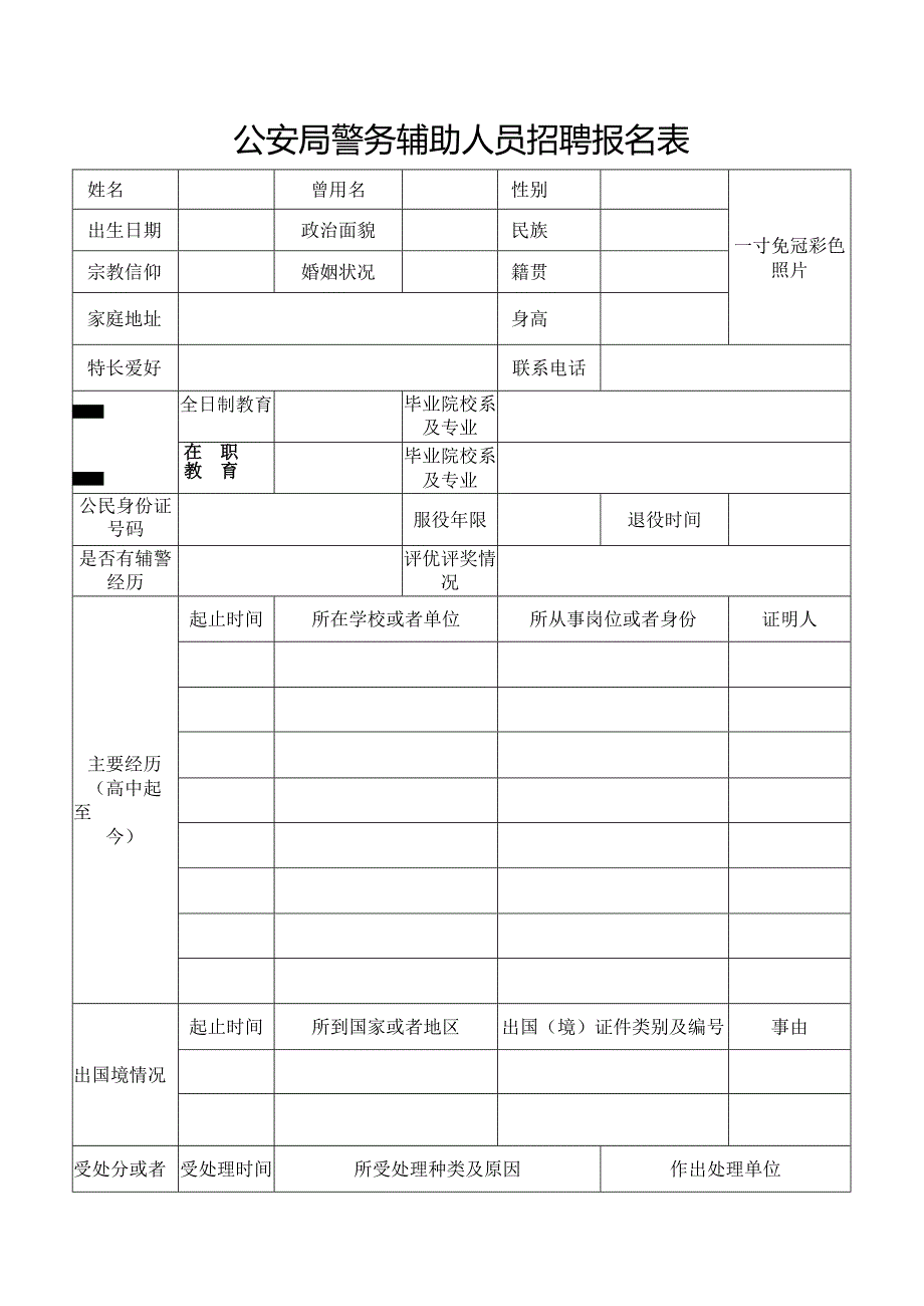 公安局警务辅助人员招聘报名表.docx_第1页