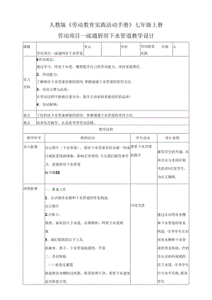 【核心素养目标】人教版《劳动教育》七上 劳动项目一 疏通厨房下水管道 教学设计.docx