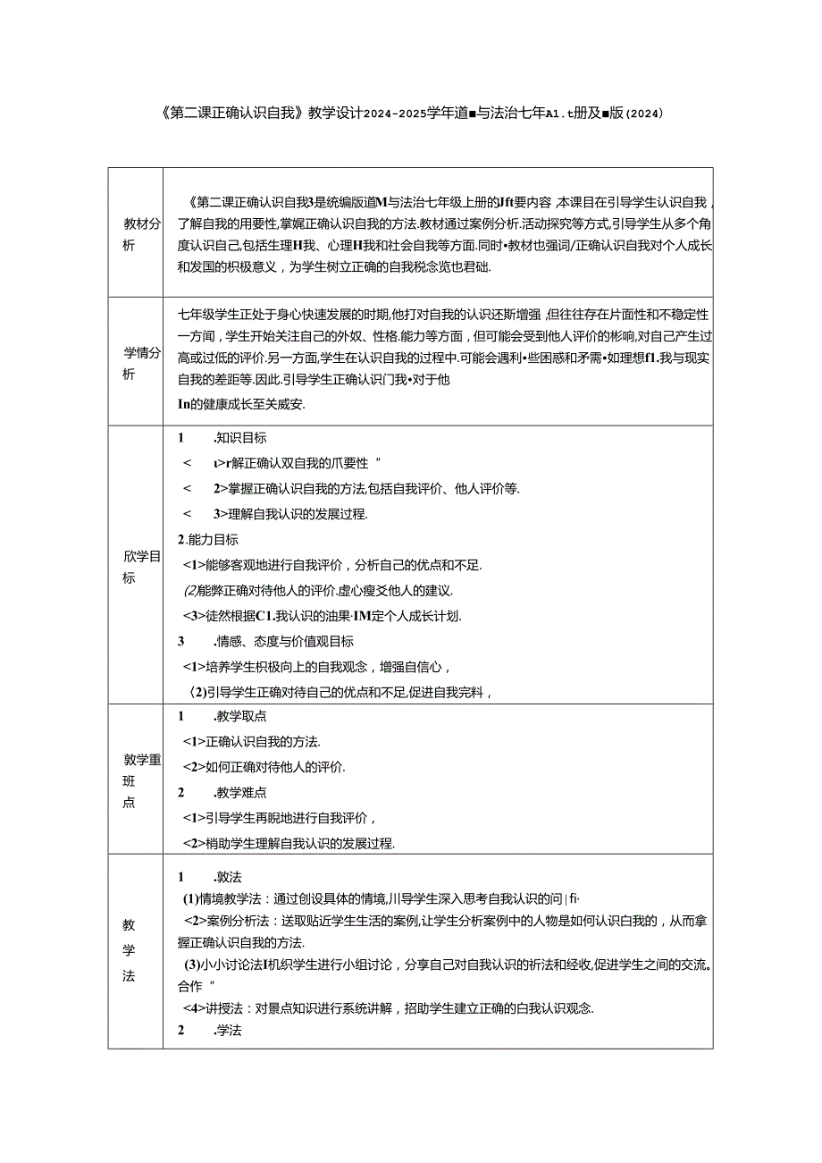 《第二课 正确认识自我》教学设计2024-2025学年道德与法治七年级上册统编版（2024）.docx_第1页