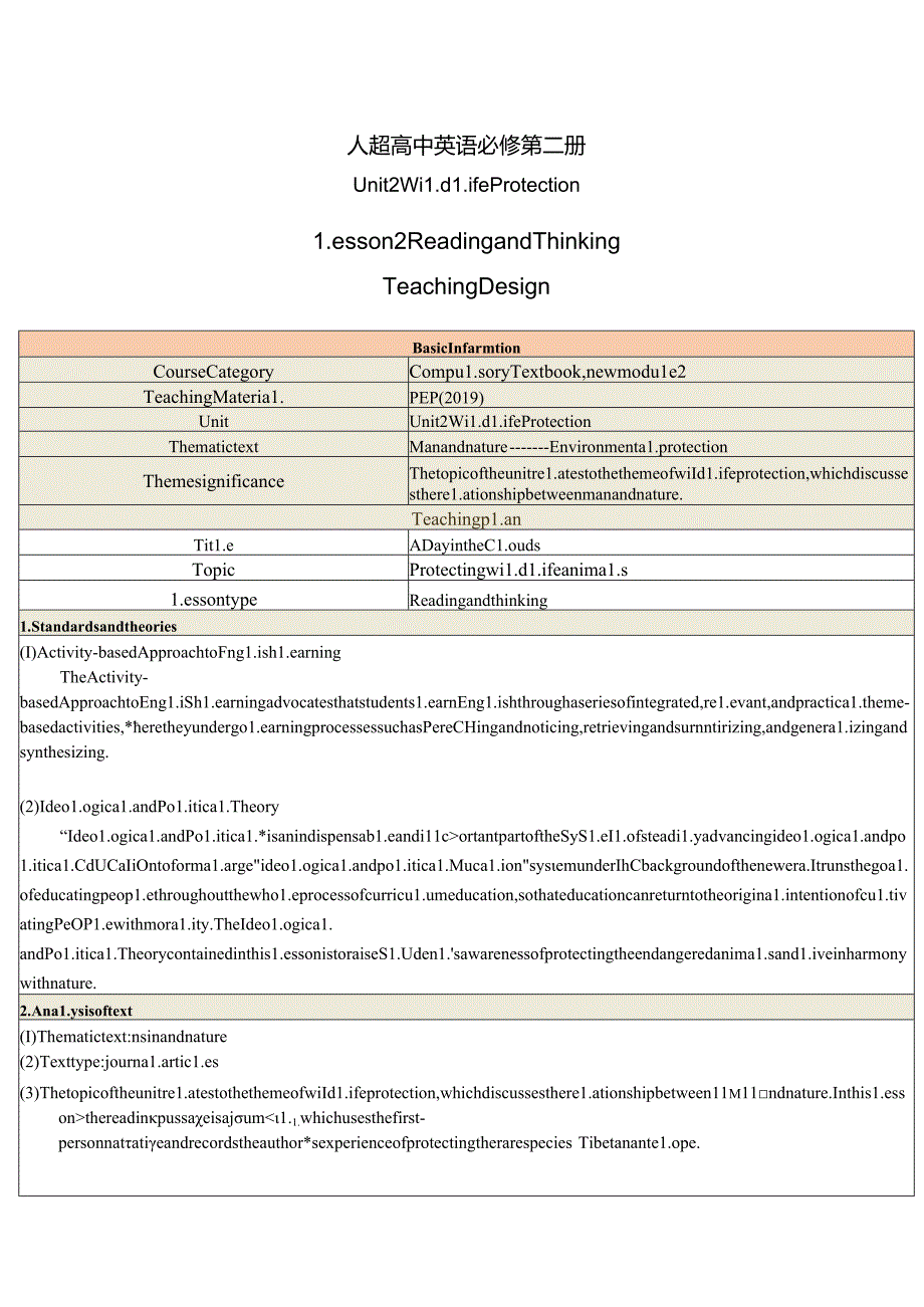 人教版（2019）必修第二册Unit 2 Wildlife Protection Reading and Thinking 教学设计（表格式）.docx_第1页