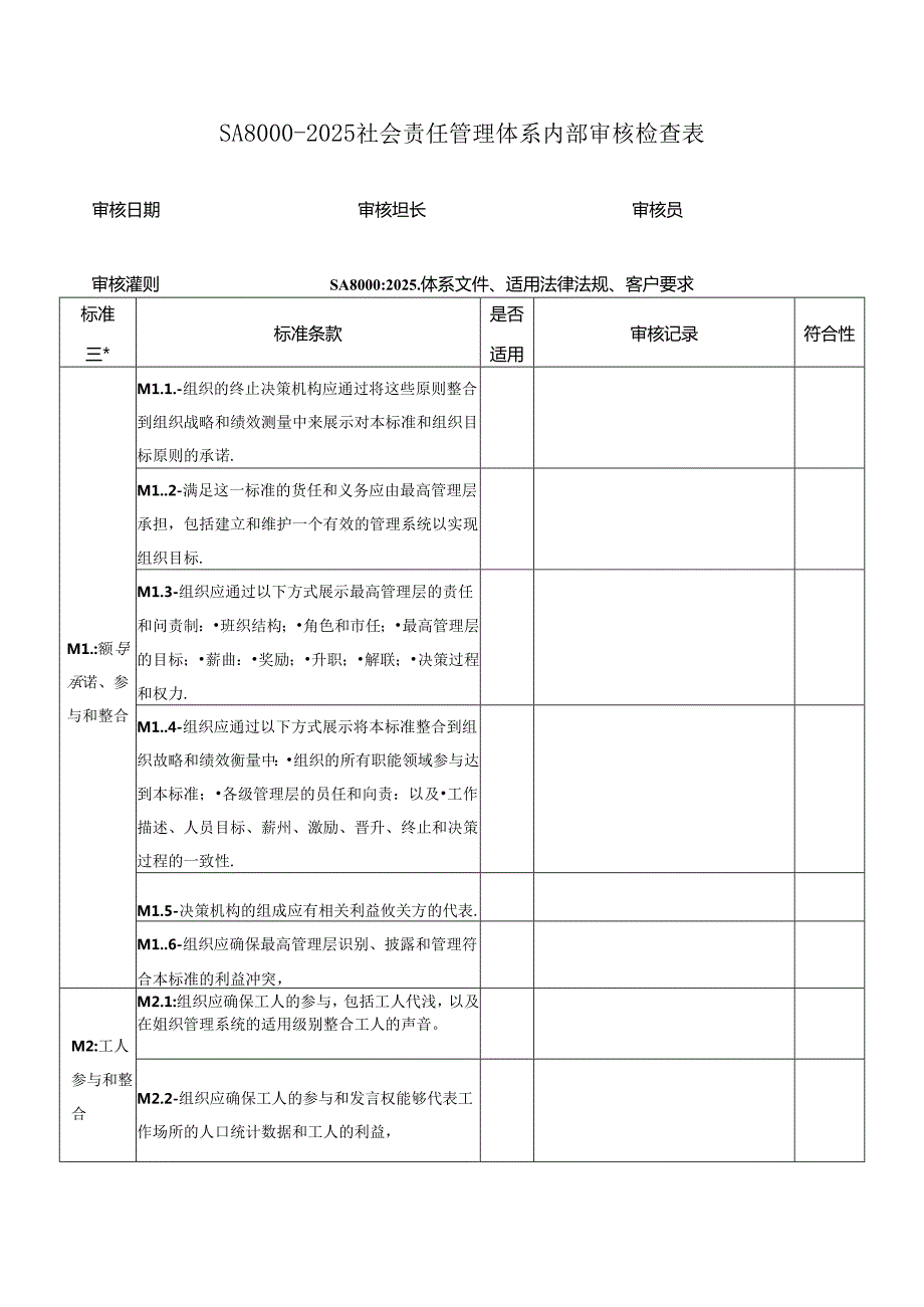 SA8000-2025社会责任管理体系内部审核检查表.docx_第1页