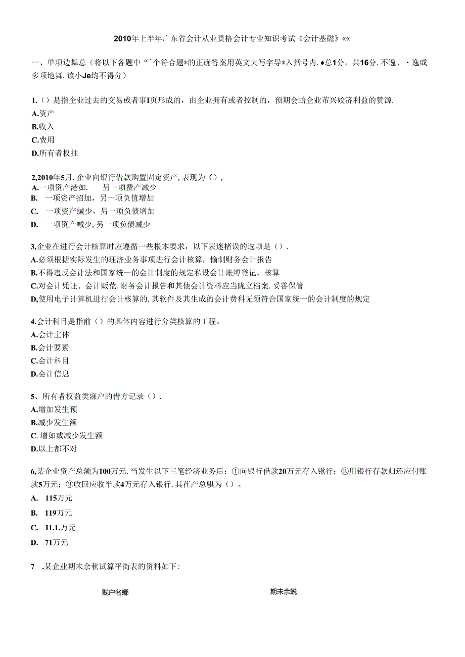 XXXX会计从业上半年试题.docx_第1页