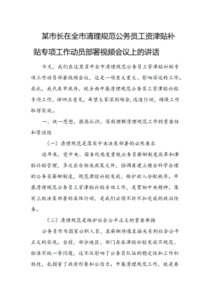 某市长在全市清理规范公务员工资津贴补贴专项工作动员部署视频会议上的讲话.docx