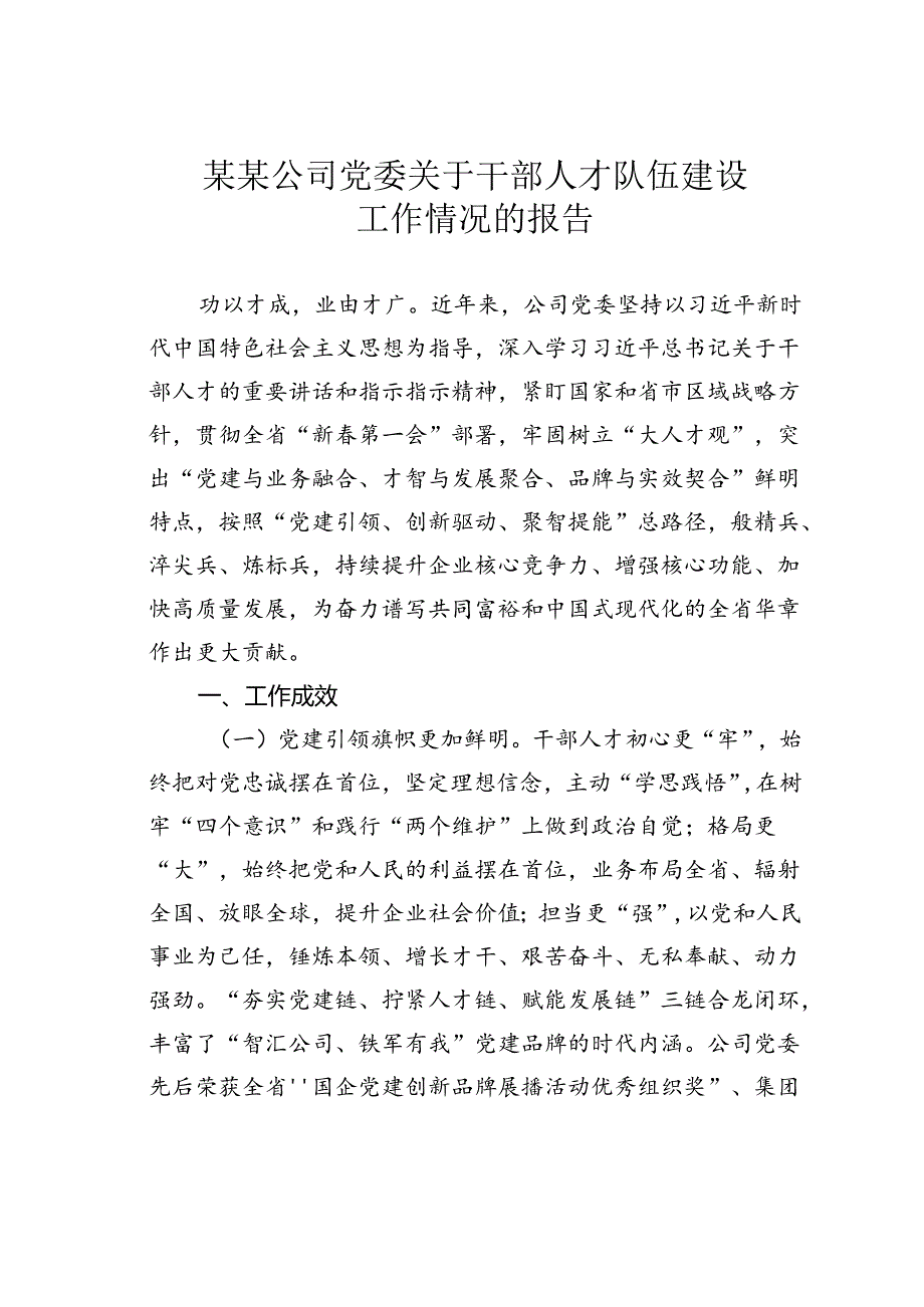 某某公司党委关于干部人才队伍建设工作情况的报告.docx_第1页