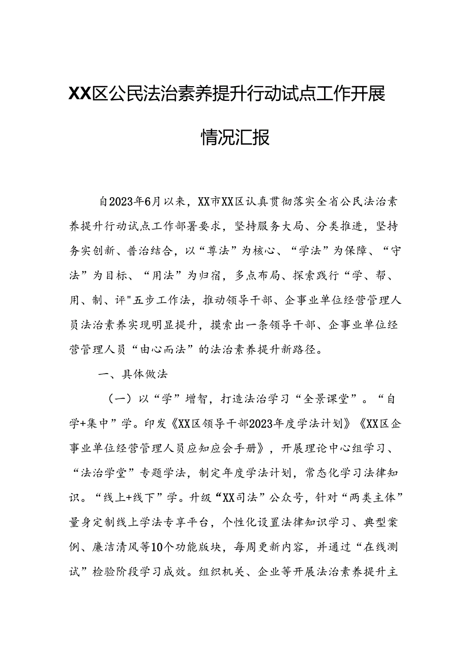 XX区公民法治素养提升行动试点工作开展情况汇报.docx_第1页