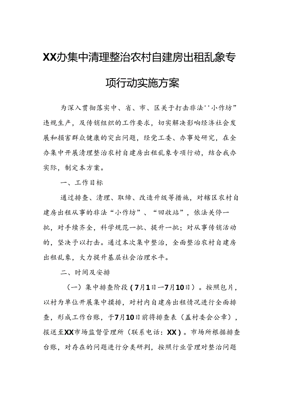 XX办集中清理整治农村自建房出租乱象专项行动实施方案.docx_第1页