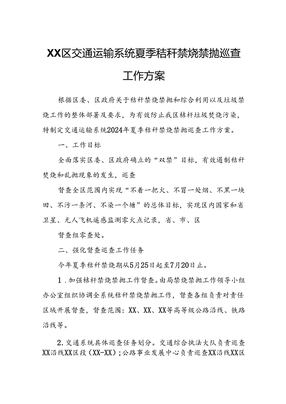 XX区交通运输系统夏季秸秆禁烧禁抛巡查工作方案.docx_第1页