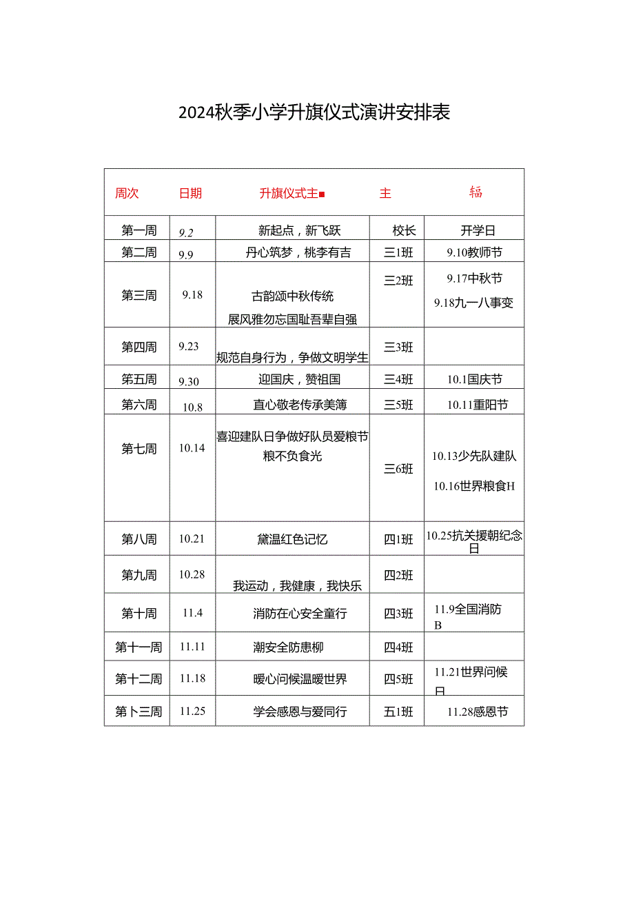 2024年秋季小学升旗仪式演讲安排表.docx_第1页