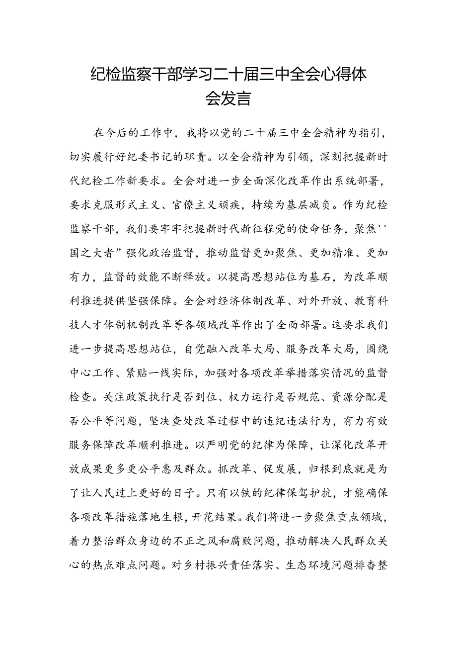 纪检监察干部学习二十届三中全会心得体会发言.docx_第1页