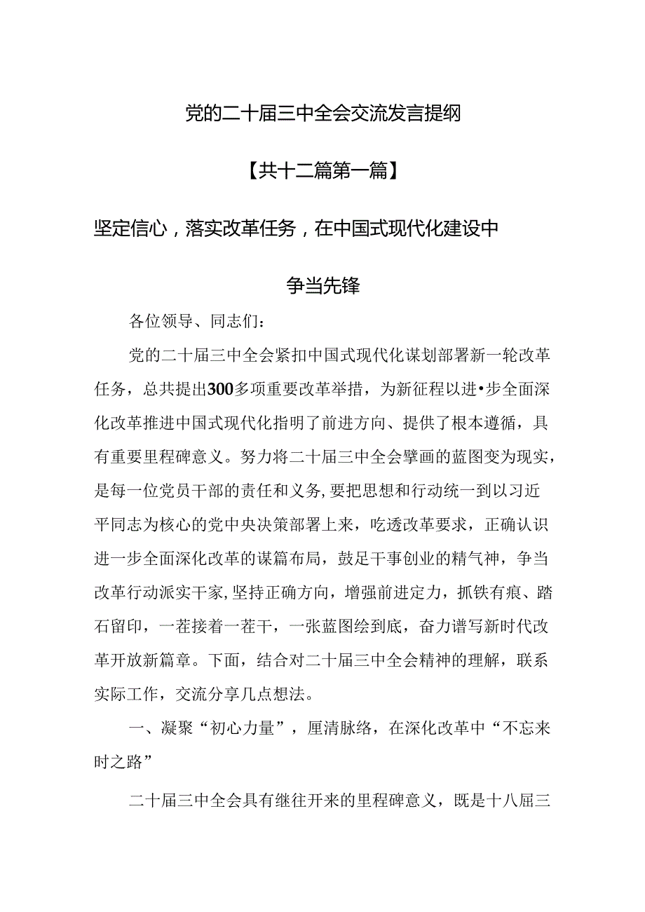 （12篇）党的二十届三中全会交流发言提纲.docx_第1页