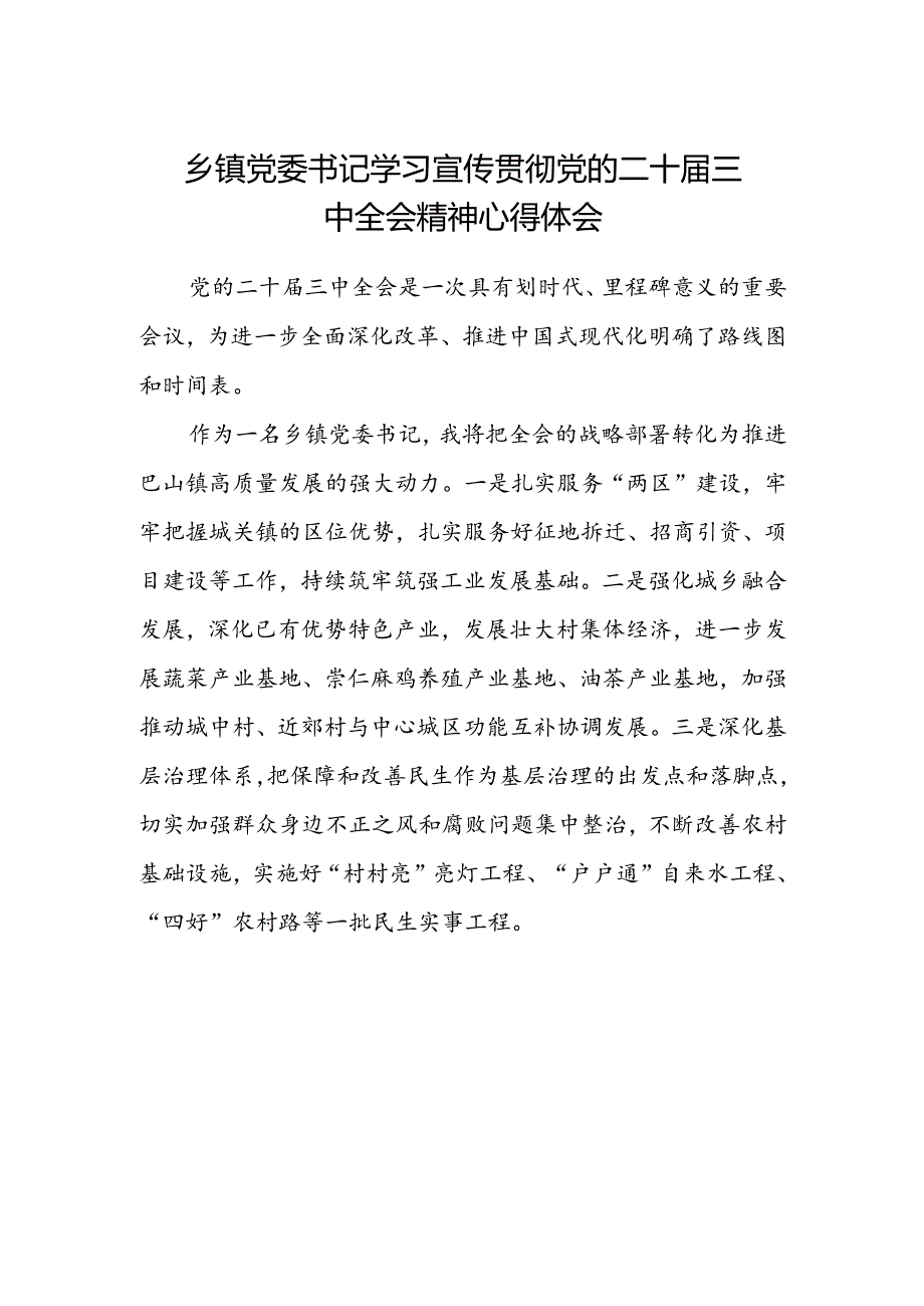 乡镇党委书记学习宣传贯彻党的二十届三中全会精神心得体会.docx_第1页