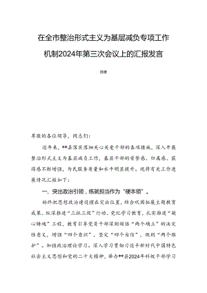 在全市整治形式主义为基层减负专项工作机制2024年第三次会议上的汇报发言.docx