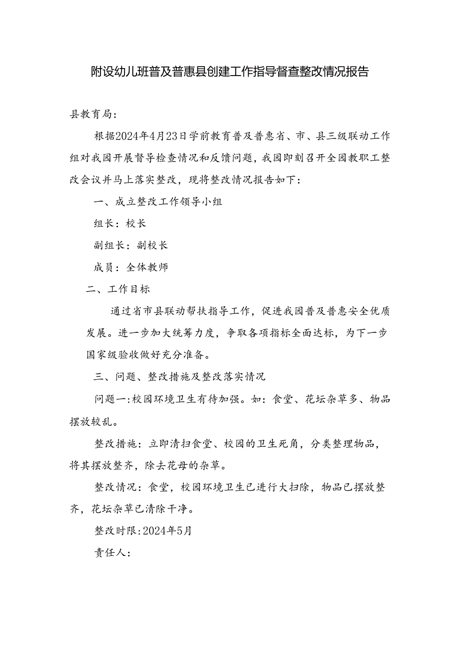 附设幼儿班普及普惠县创建工作指导督查整改情况报告.docx_第1页