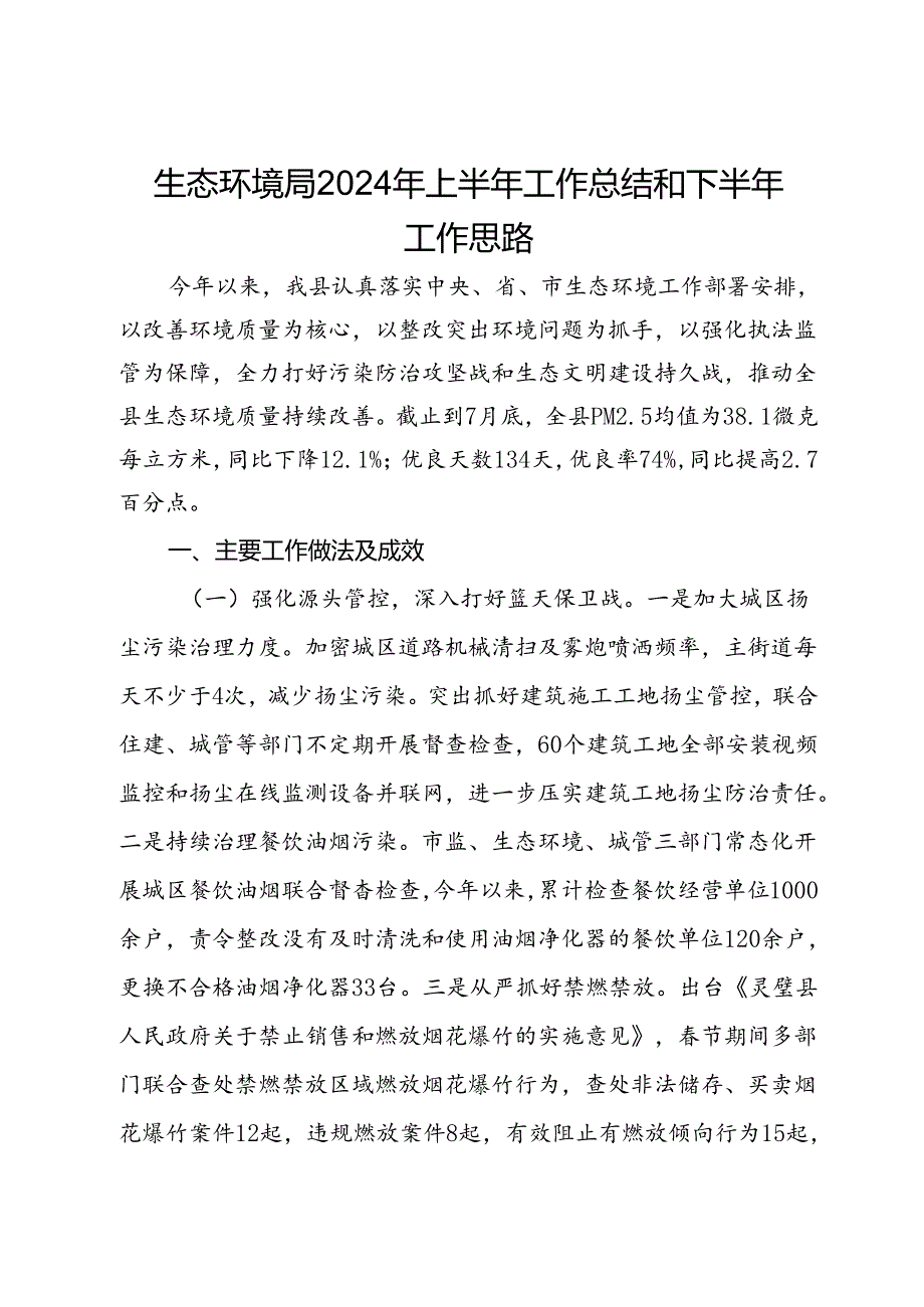 生态环境局2024年上半年工作总结和下半年工作思路.docx_第1页