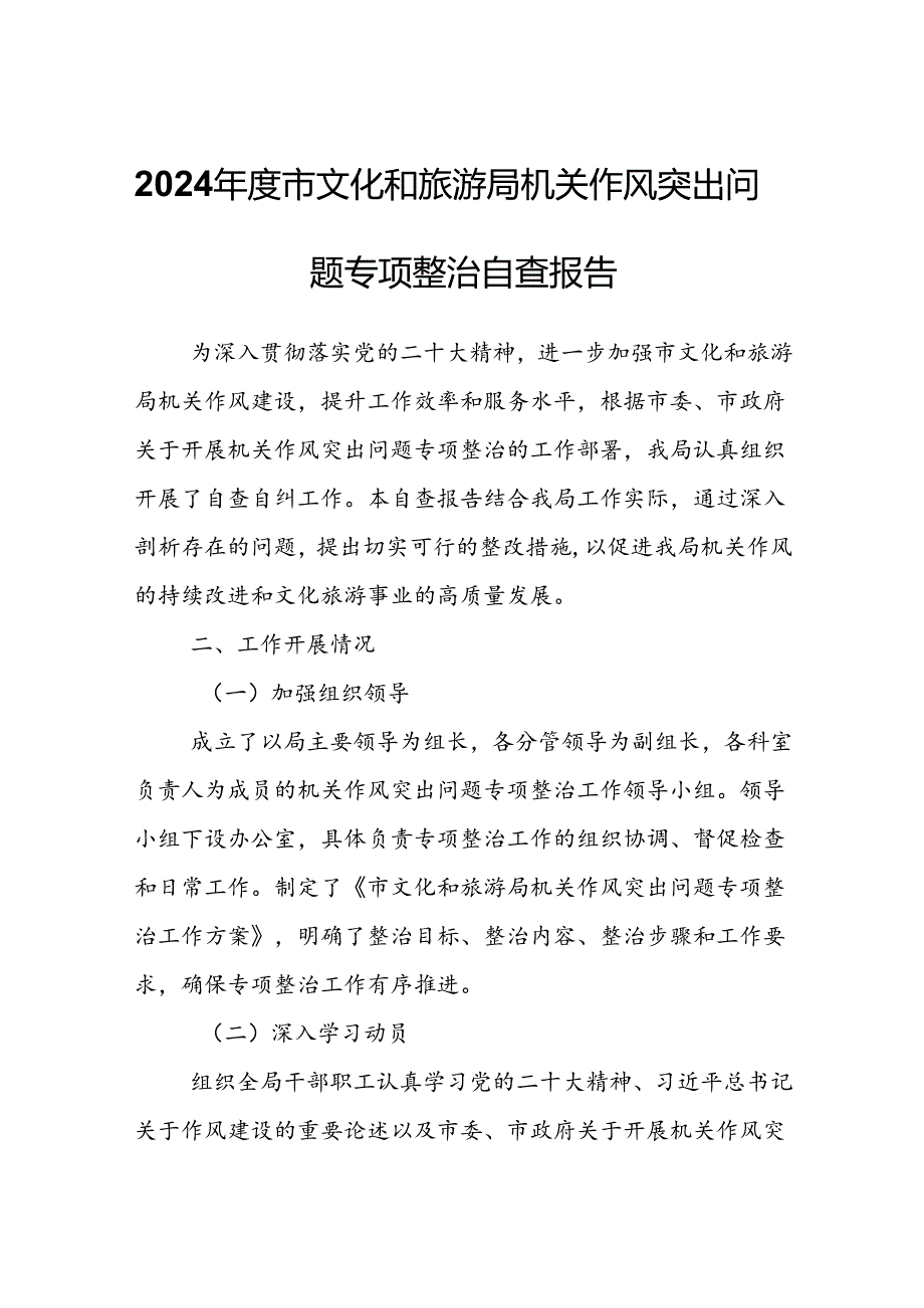 2024年度市文化和旅游局机关作风突出问题专项整治自查报告.docx_第1页