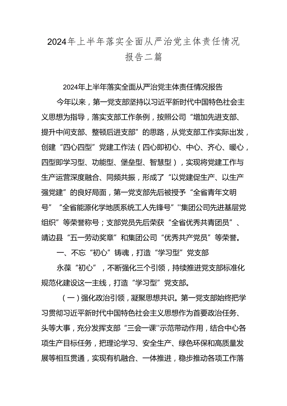 2024年上半年落实全面从严治党主体责任情况报告二篇.docx_第1页