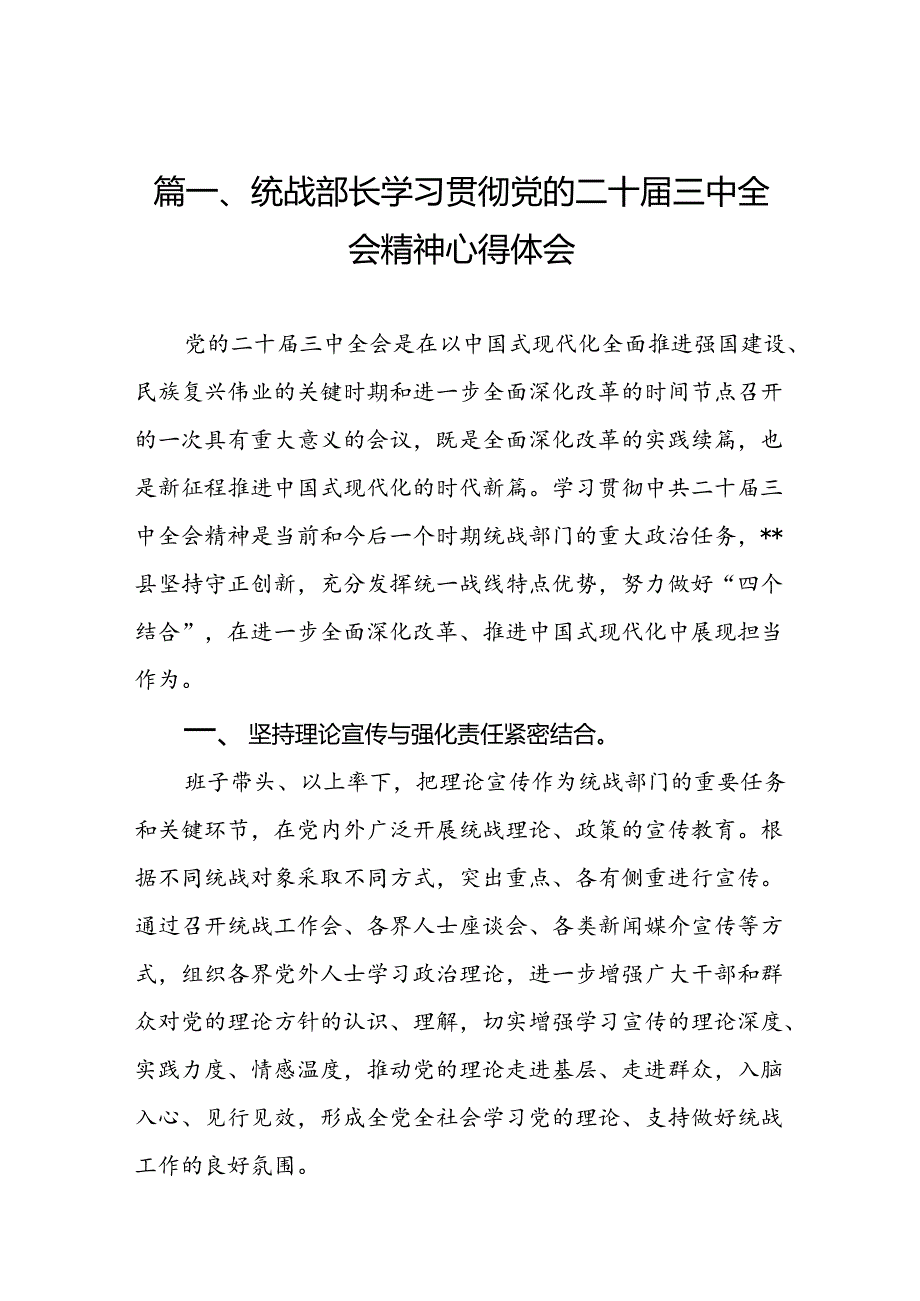 （10篇）统战部长学习贯彻党的二十届三中全会精神心得体会范文.docx_第2页