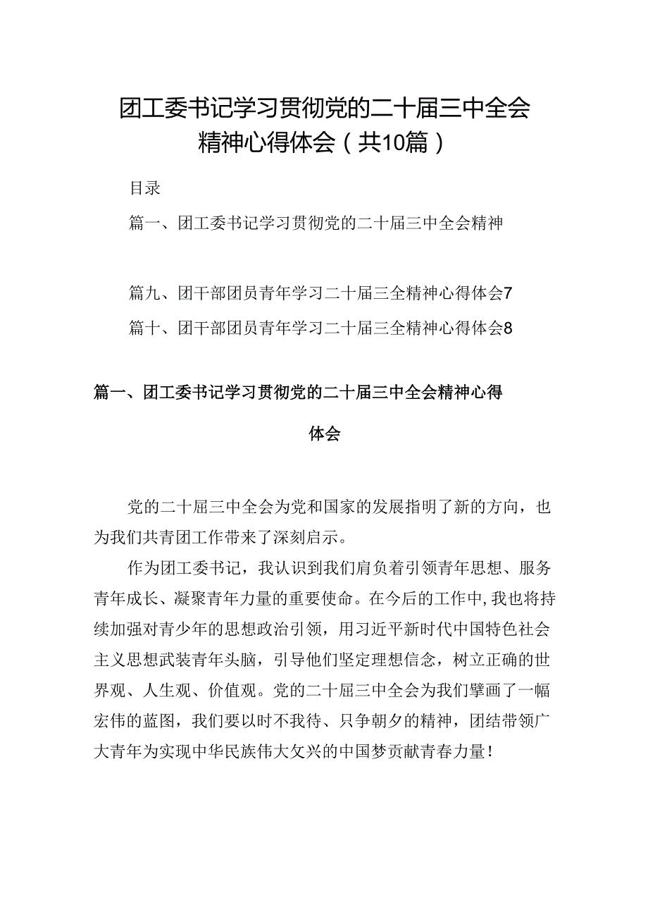 （10篇）团工委书记学习贯彻党的二十届三中全会精神心得体会范文.docx_第1页