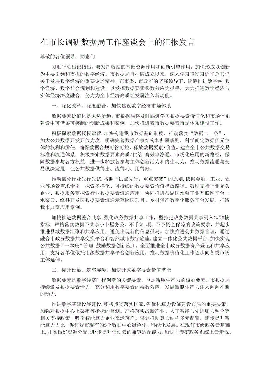 在市长调研数据局工作座谈会上的汇报发言.docx_第1页