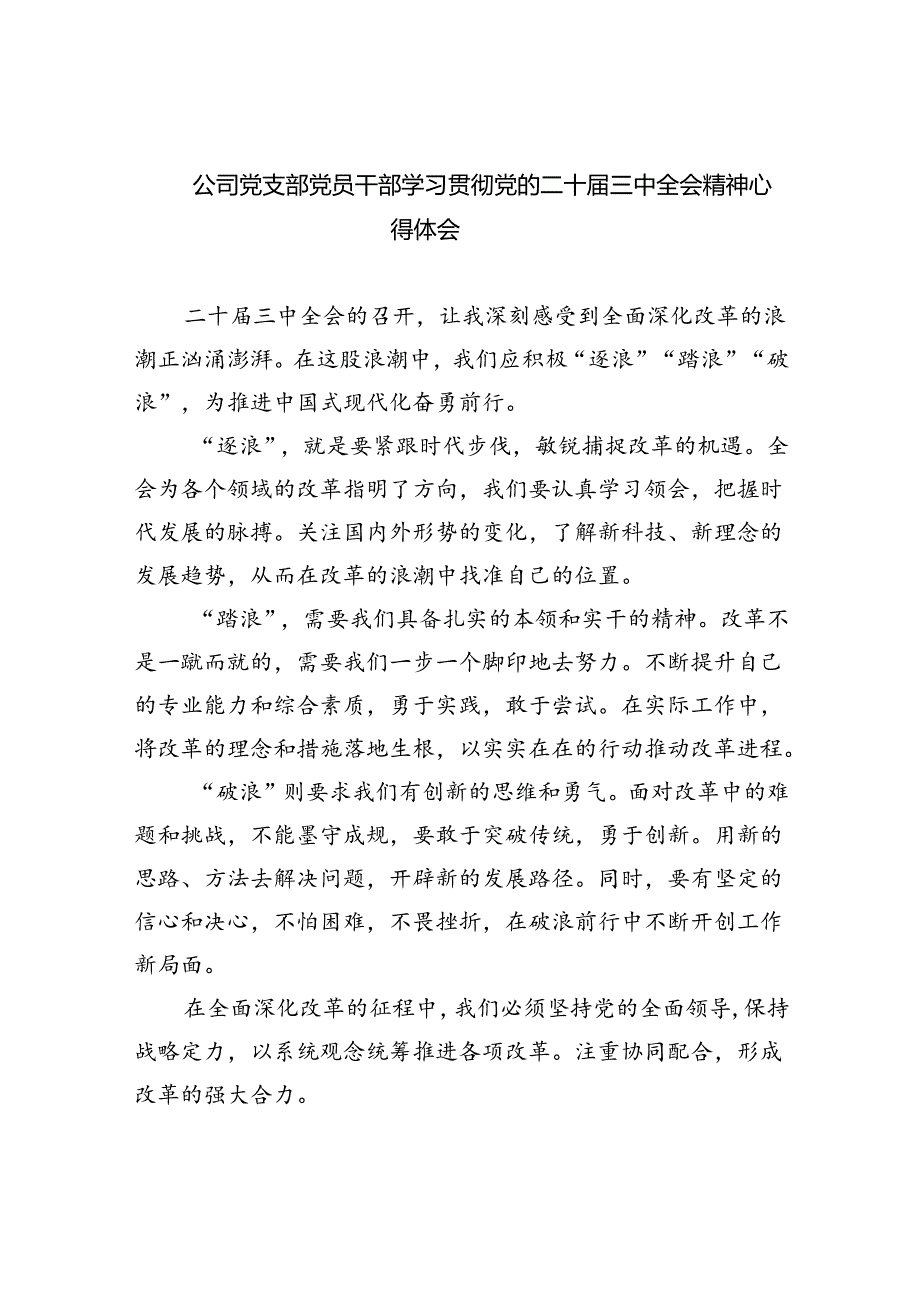 公司党支部党员干部学习贯彻党的二十届三中全会精神心得体会8篇（精选版）.docx_第1页