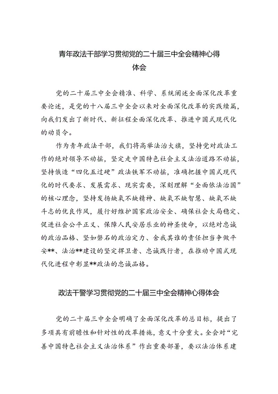 青年政法干部学习贯彻党的二十届三中全会精神心得体会（共8篇）.docx_第1页