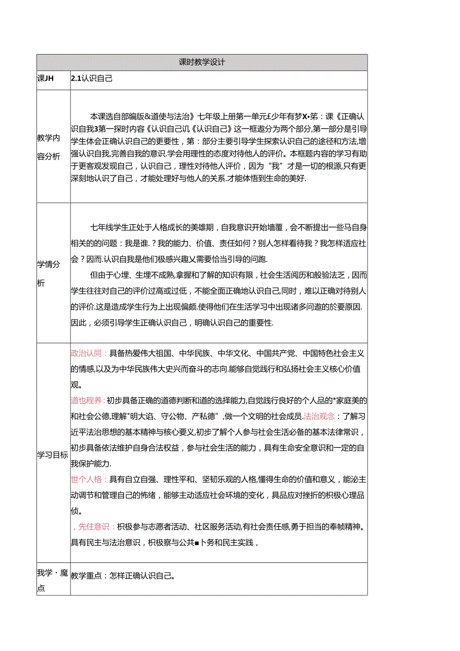 （2024年秋新改）部编版七年级上册道德与法治 《认识自己》教案.docx_第1页