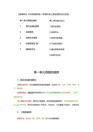 【新教材】2024秋教科版一年级科学上册全册知识点总结.docx