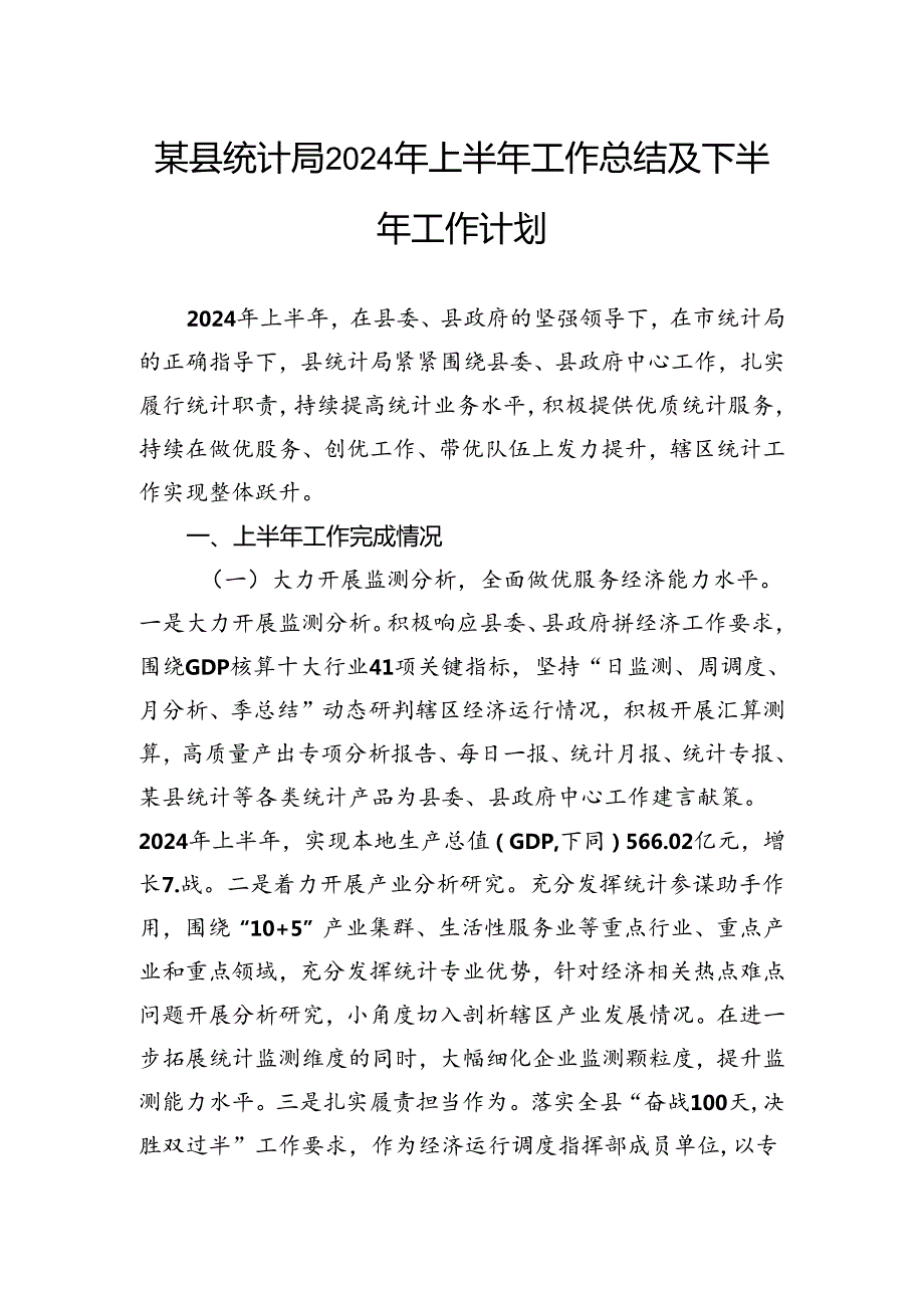 某县统计局2024年上半年工作总结及下半年工作计划.docx_第1页