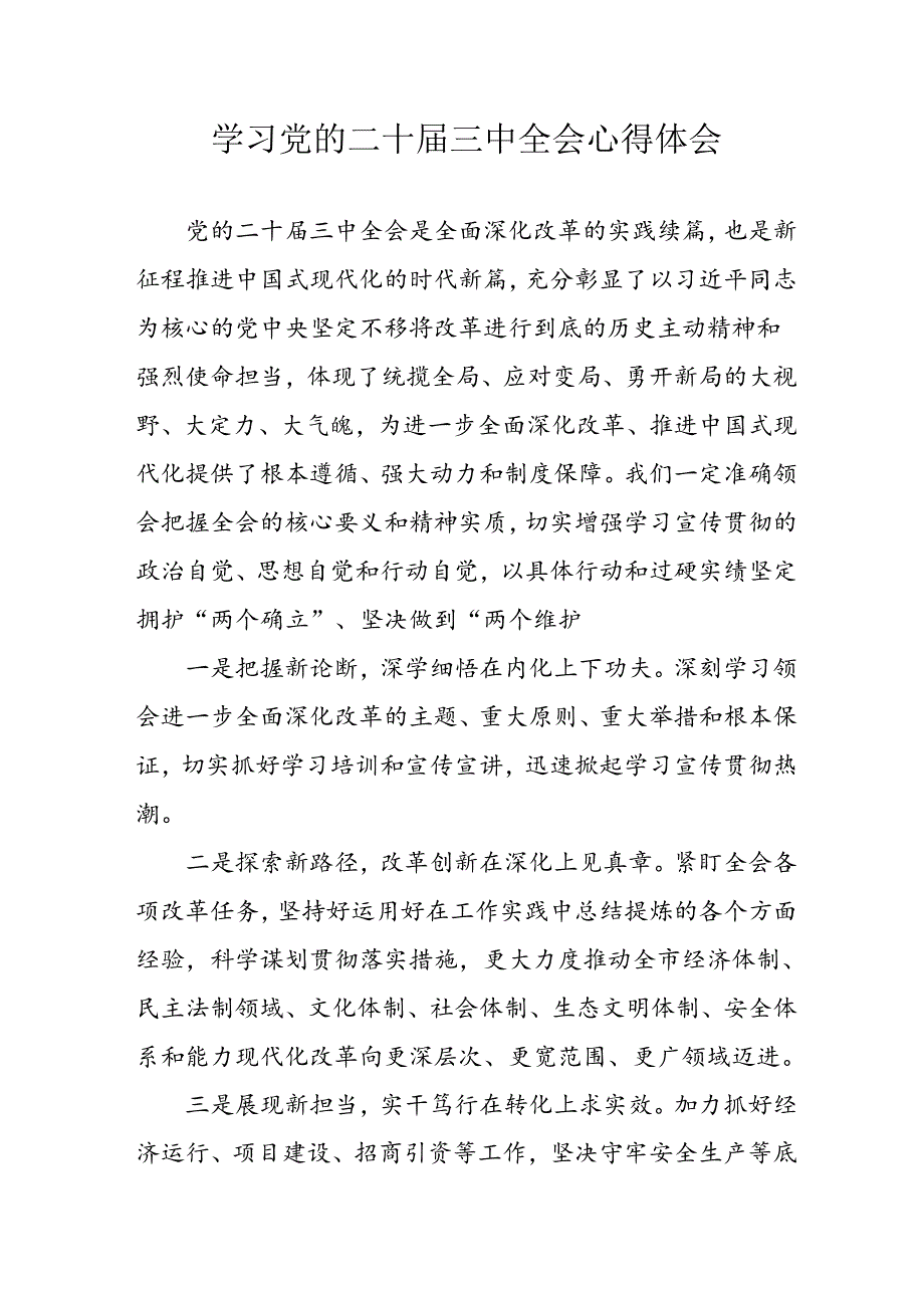 2024年学习学习党的二十届三中全会个人心得感悟 （合计6份）.docx_第1页