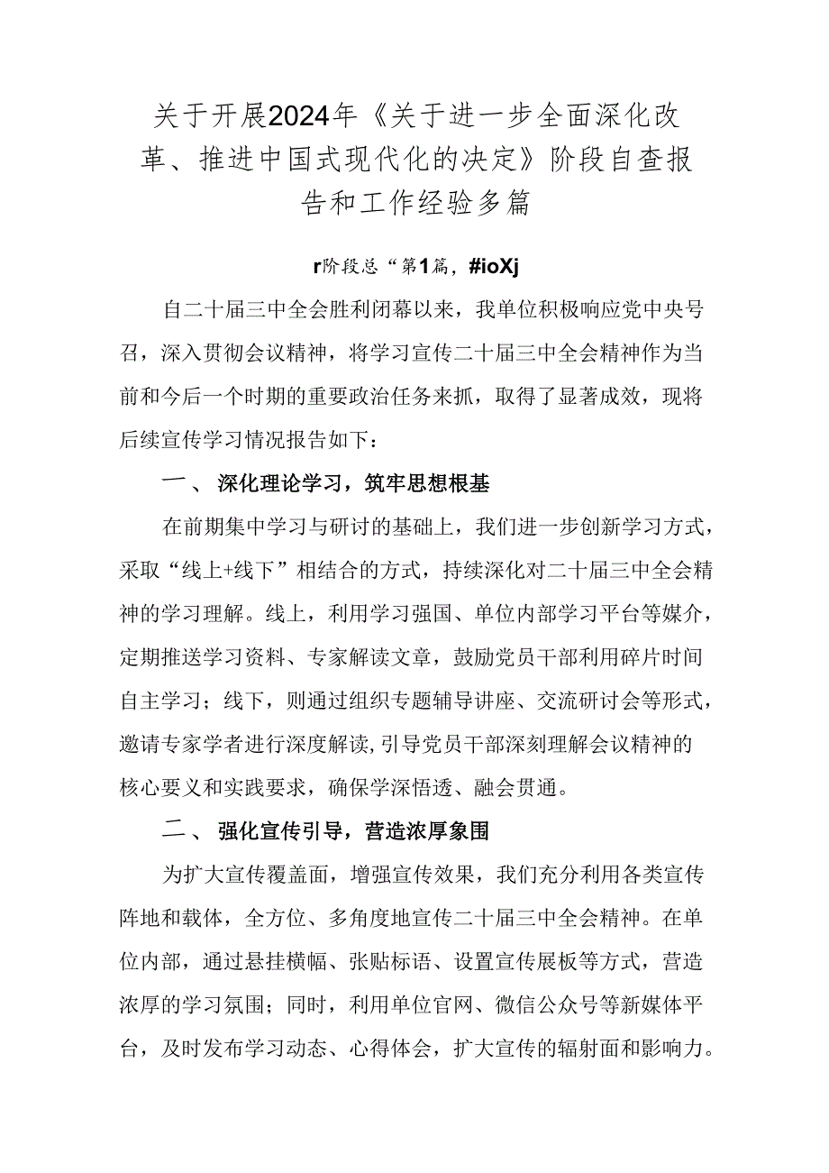 关于开展2024年《关于进一步全面深化改革、推进中国式现代化的决定》阶段自查报告和工作经验多篇.docx_第1页