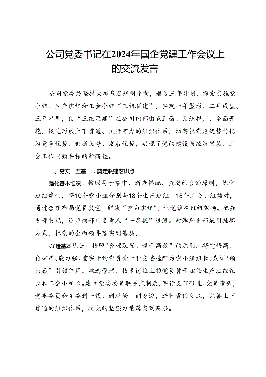 公司党委书记在2024年国企党建工作会议上的交流发言.docx_第1页