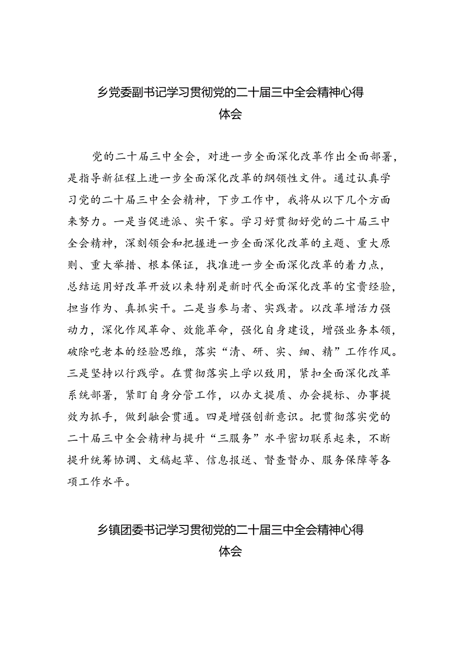 （9篇）乡党委副书记学习贯彻党的二十届三中全会精神心得体会（最新版）.docx_第1页