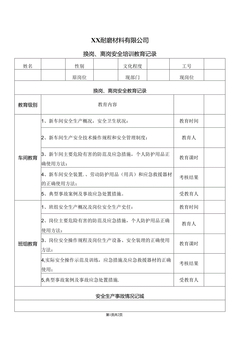 XX耐磨材料有限公司换岗、离岗安全培训教育记录（2024年）.docx_第1页