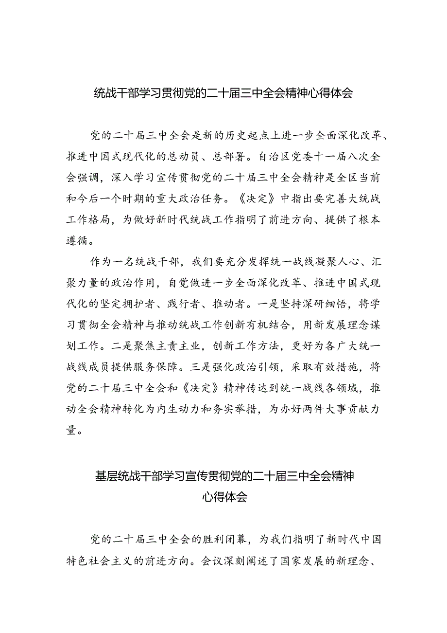 （9篇）统战干部学习贯彻党的二十届三中全会精神心得体会（精选）.docx_第1页