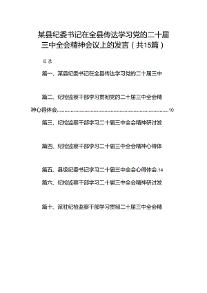 （15篇）某县纪委书记在全县传达学习党的二十届三中全会精神会议上的发言（详细版）.docx