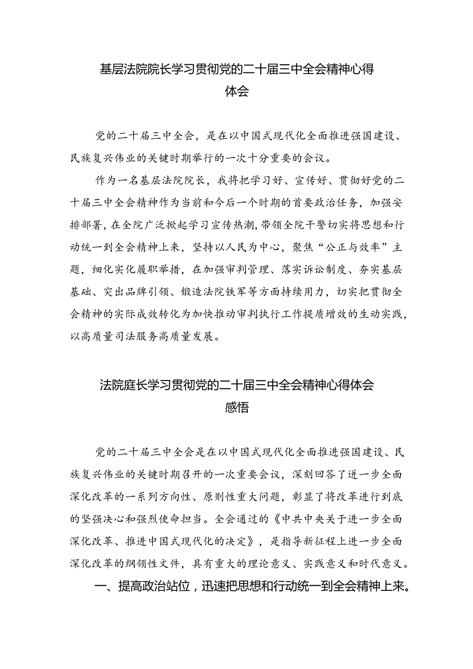 法庭庭长学习贯彻党的二十届三中全会精神心得体会优选5篇.docx_第2页