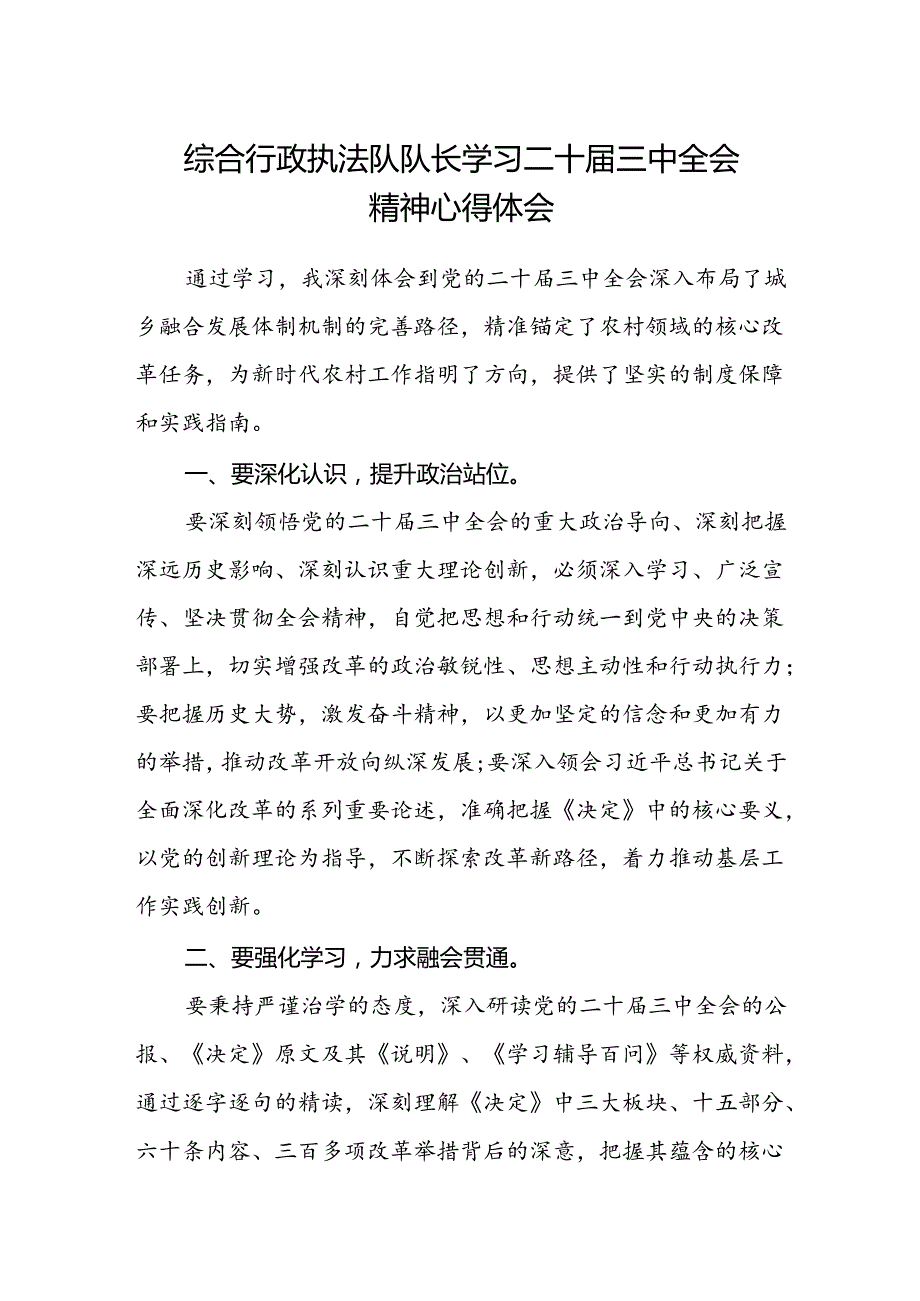 综合行政执法队队长学习二十届三中全会精神心得体会.docx_第1页