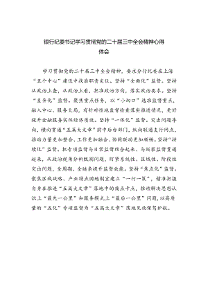 （9篇）银行纪委书记学习贯彻党的二十届三中全会精神心得体会（最新版）.docx